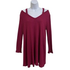 Alya Cold Shoulder V Neck Long Sleeve Thermal Knit Dress Burgundy‎ Cottagecore M